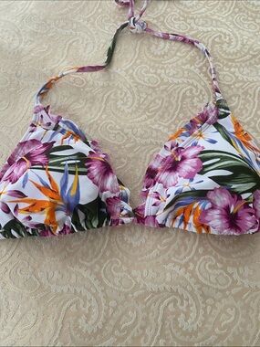 Massimo Floral Triangle Bikini Top in White, Pink, Orange, Green